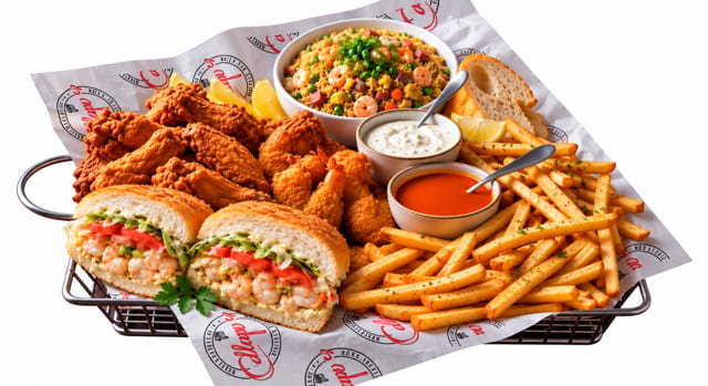 Game Day Pack (20 Wings, 2 REG Poboys, 1 Seafood, LG Rice, 1 Side).